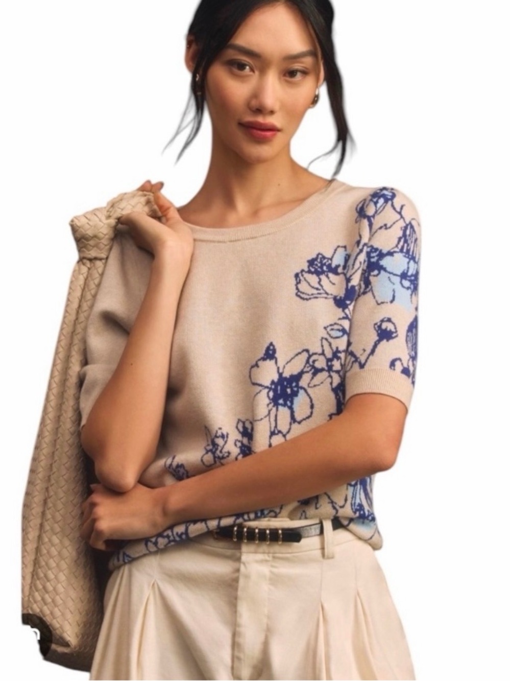 Sonal Nathwani for Maeve Relaxed Fit Floral Quarter Sleeve Sweater Tan Blue S